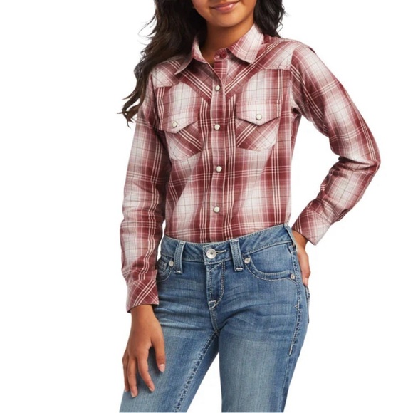 Ariat Girls' REAL Plaid Long Sleeve Shirt Russet Plaid SZ XS 7 Cowgirl NWT - Picture 1 of 8